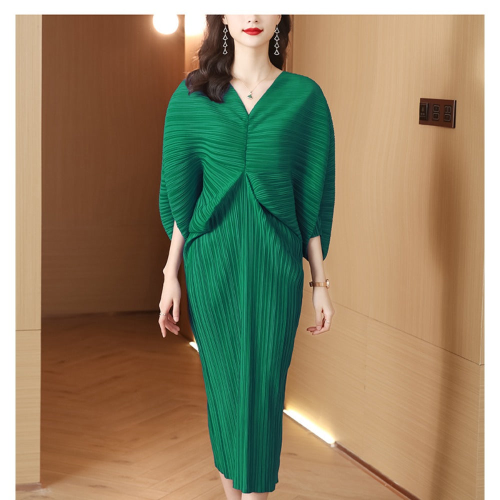 Midi Dress with Pleated Batwing Sleeves for Women - Lina