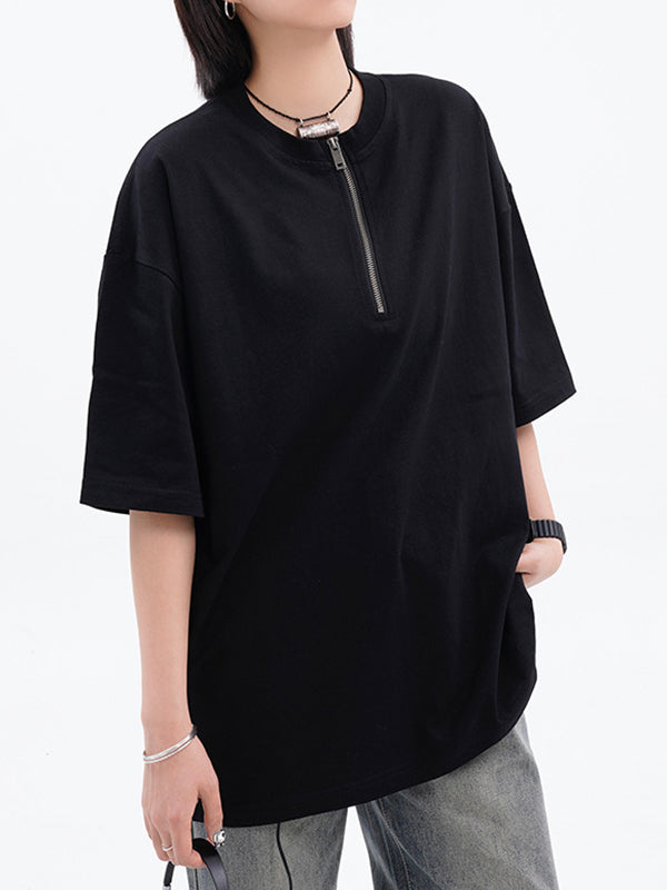 Solid Color Vintage Zipper Short Sleeve Tee