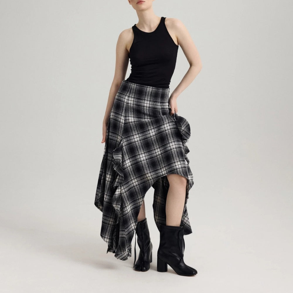 Black White Plaid Asymmetrical Midi Skirt with Ruffles for Women - Bianca