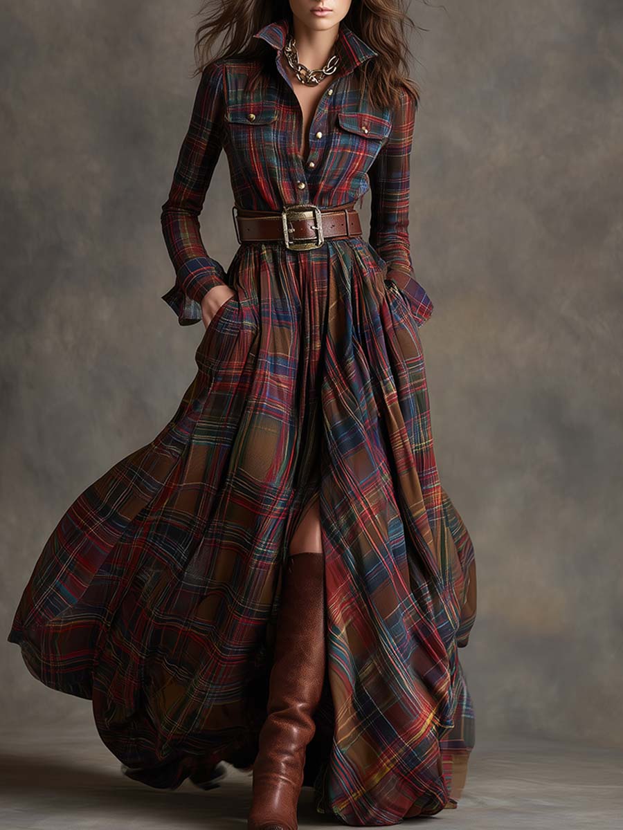 Women's Plaid Maxi Shirt Dress | Long Sleeve