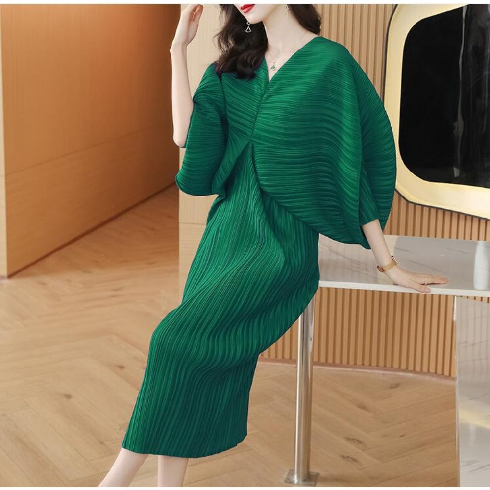 Midi Dress with Pleated Batwing Sleeves for Women - Lina