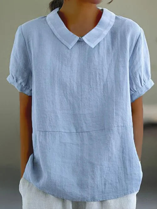 Women's Vintage Collared Loose Fit Blouse | Short Sleeve