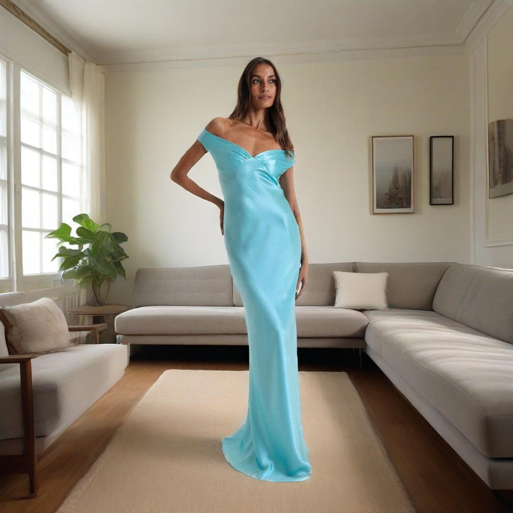 Off-Shoulder Satin Maxi Dress with Side Slit for Women - Aurora