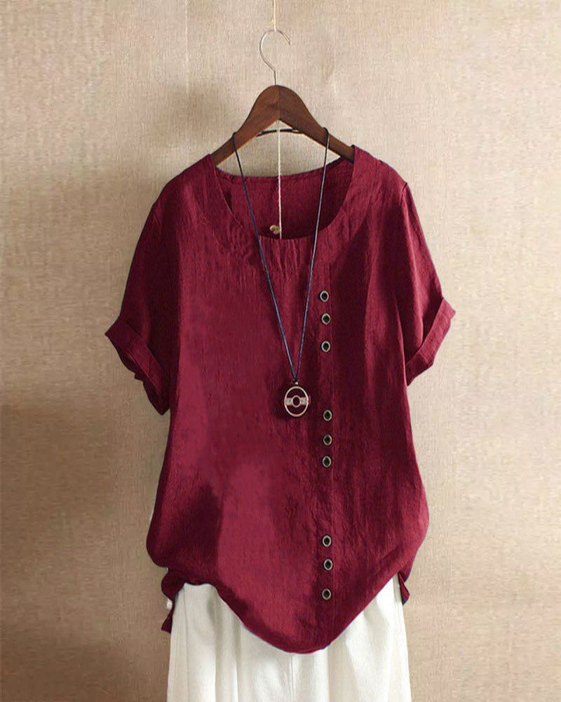 Women's Casual Short Sleeve Linen Blouse for Summer