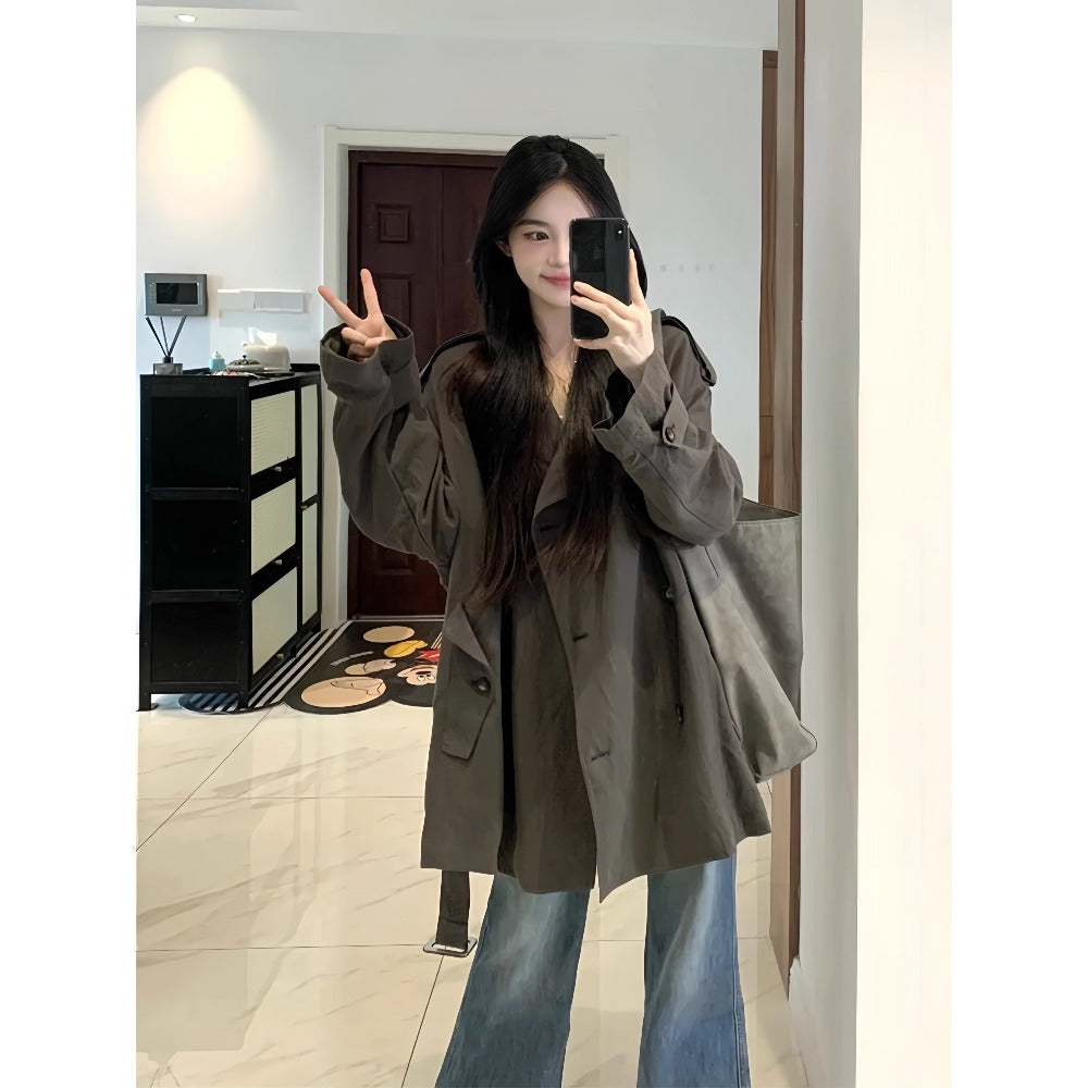 Dark Gray Oversized Double Breasted Trench Coat for Women - Aurora