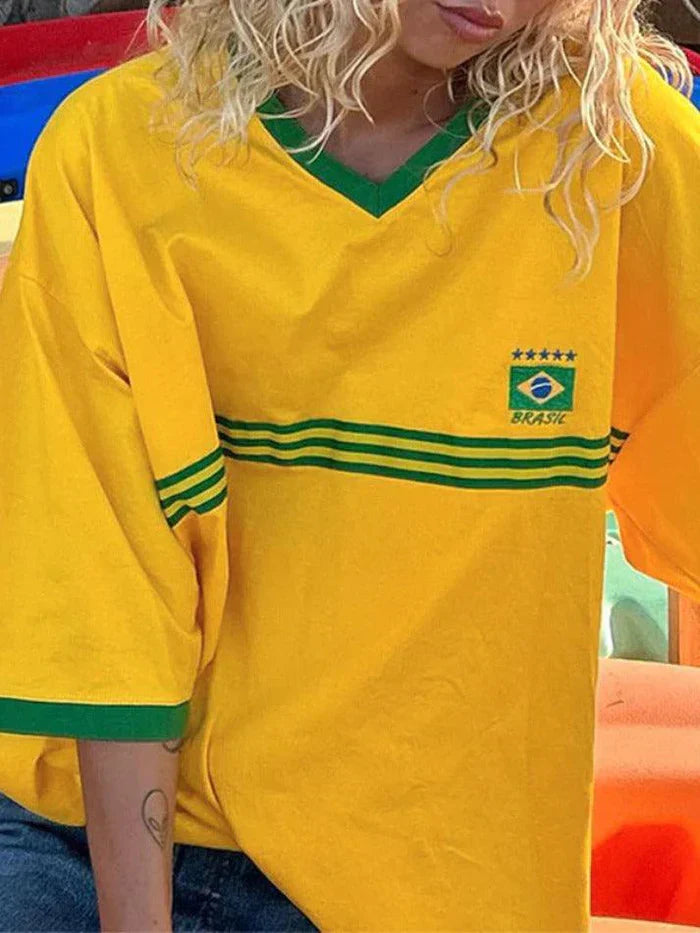 Yellow Vintage Oversized Embroidery Short Sleeve Tee