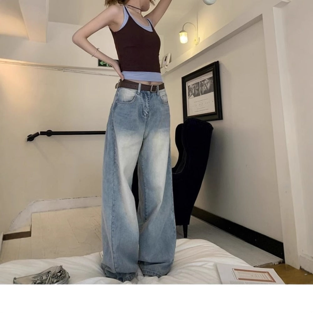 Light Blue Wide Leg Jeans with Faded Wash for Women - Anna
