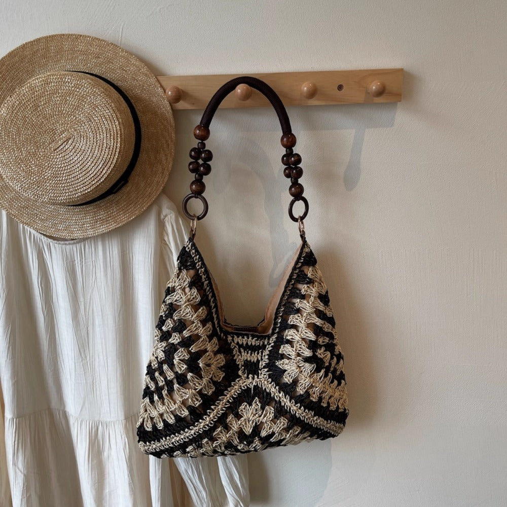 Woven Straw Shoulder Bag with Crochet Design for Women - Camilla