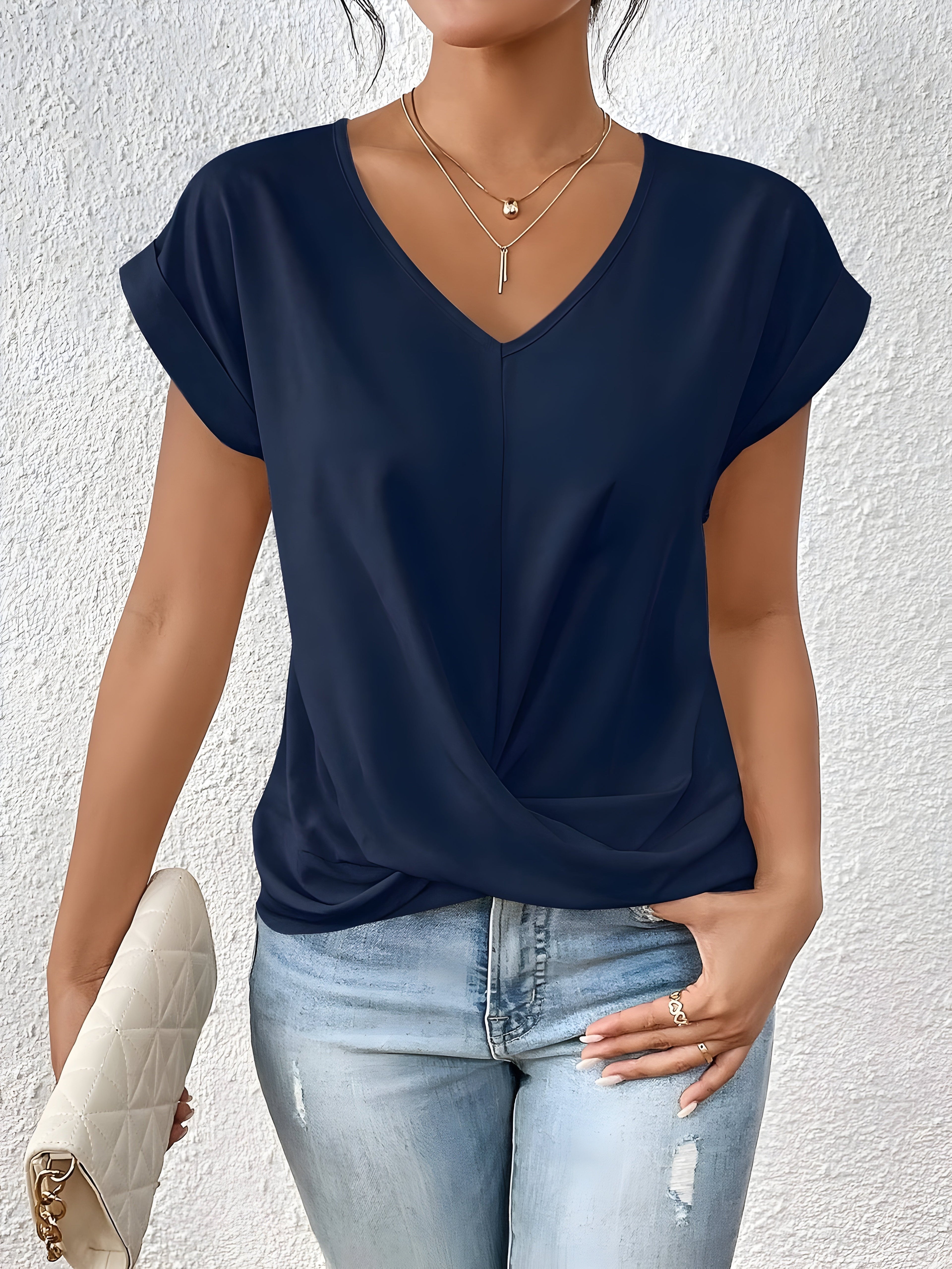 Solid V-Neck T-Shirt for Women | Short Sleeve