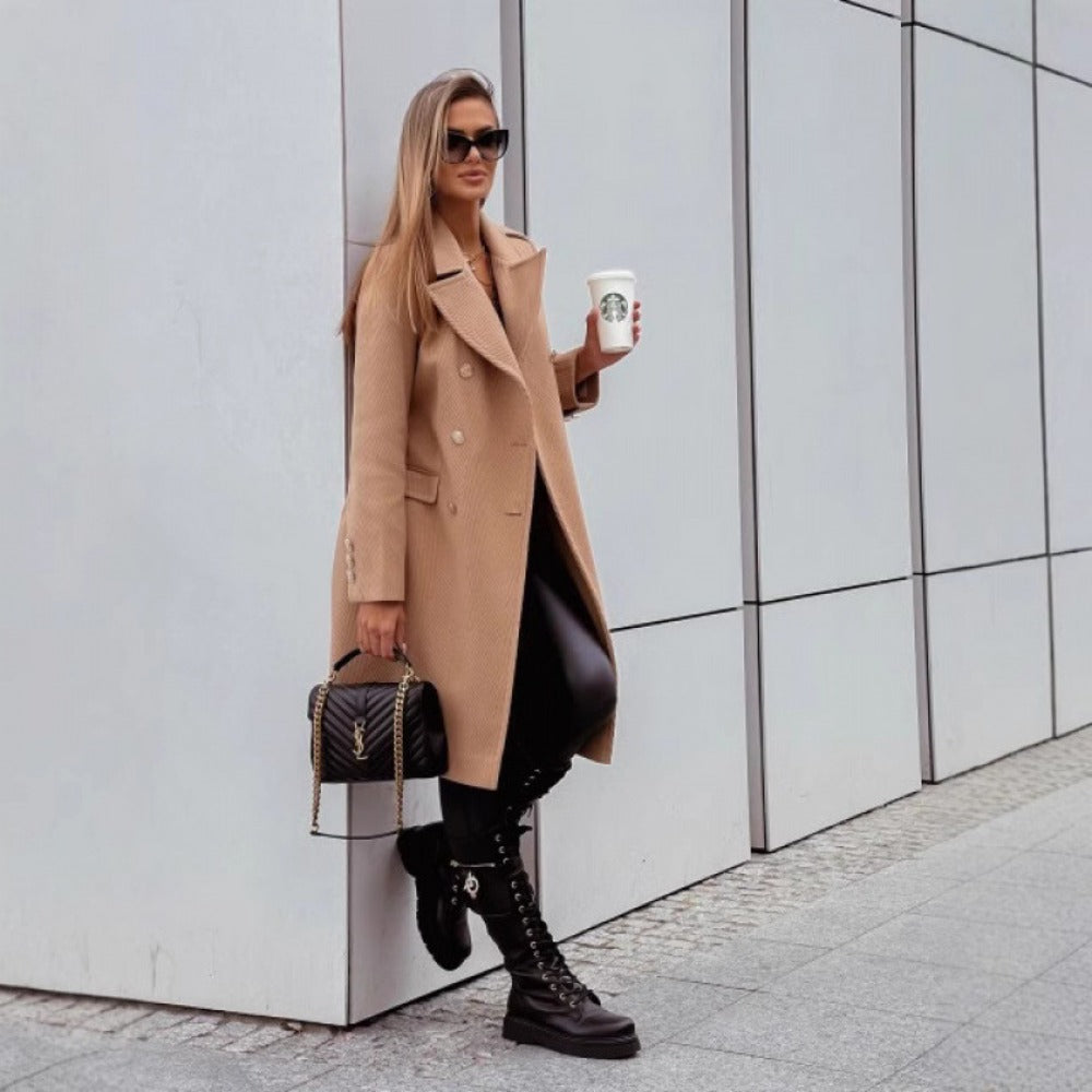 Double Breasted Long Coat with Buttons for Women - Elvira