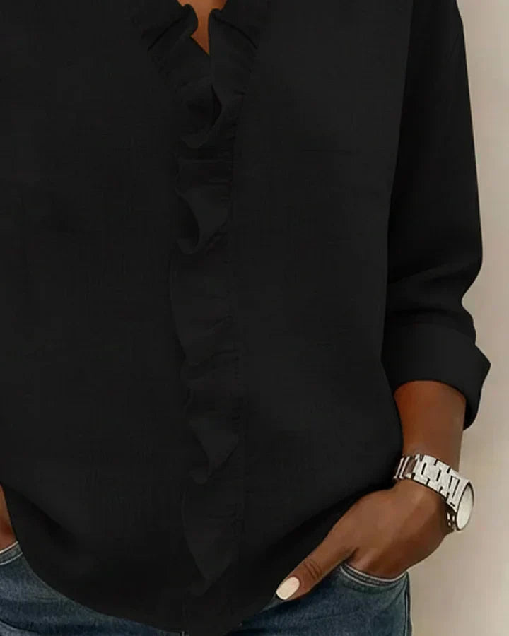 Women's Long Sleeve Ruffle V-Neck Blouse | Loose Fit