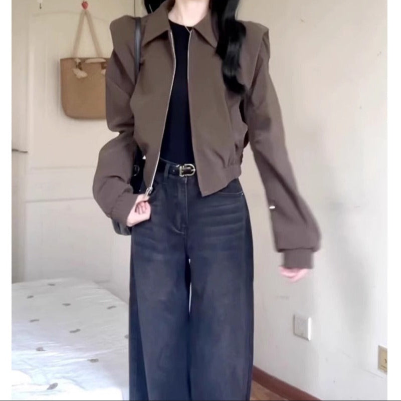 Brown Cropped Zip Up Jacket with Long Sleeves for Women - Ester