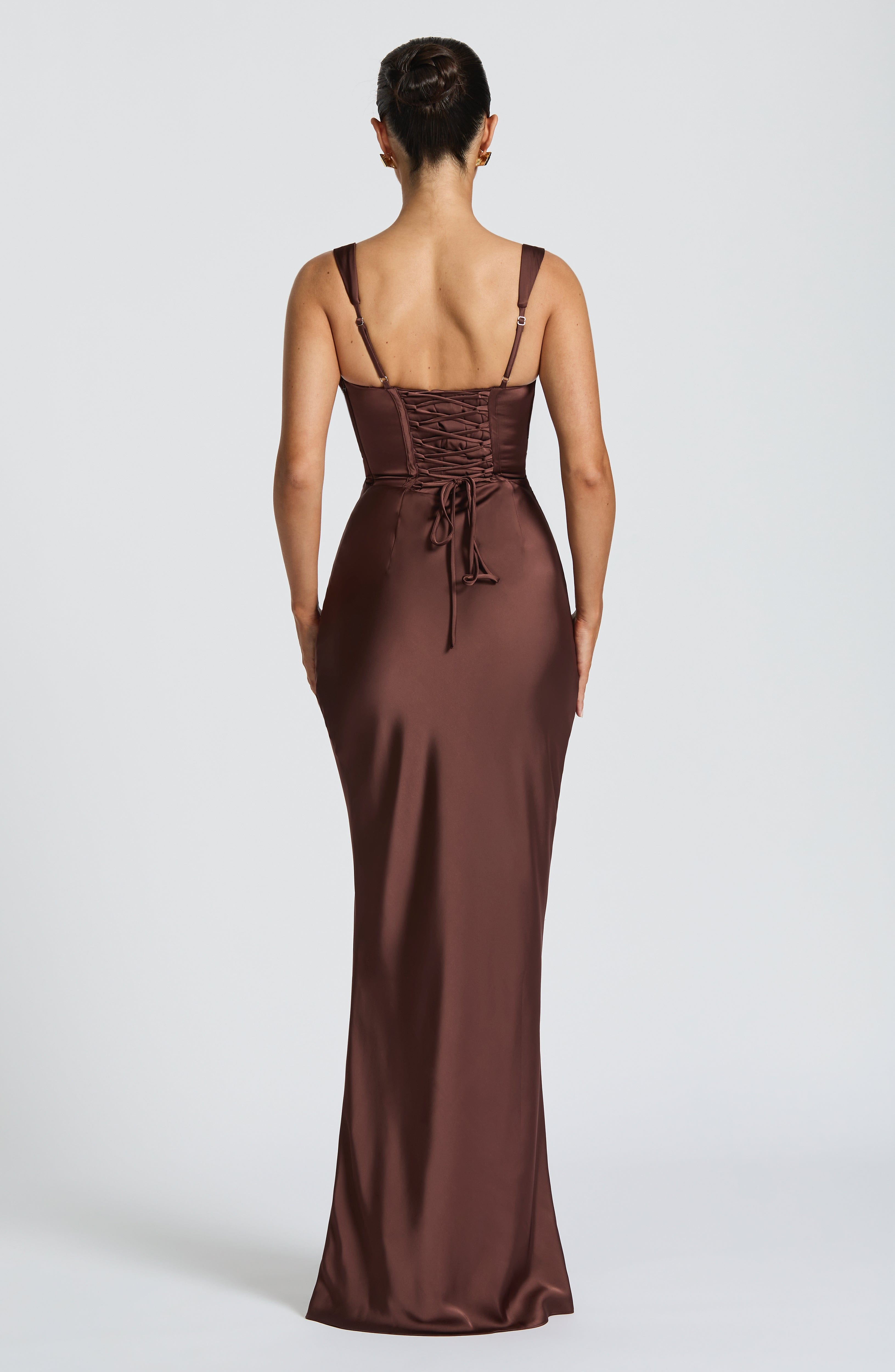 Brown Satin Maxi Dress with Straps for Women - Patrizia