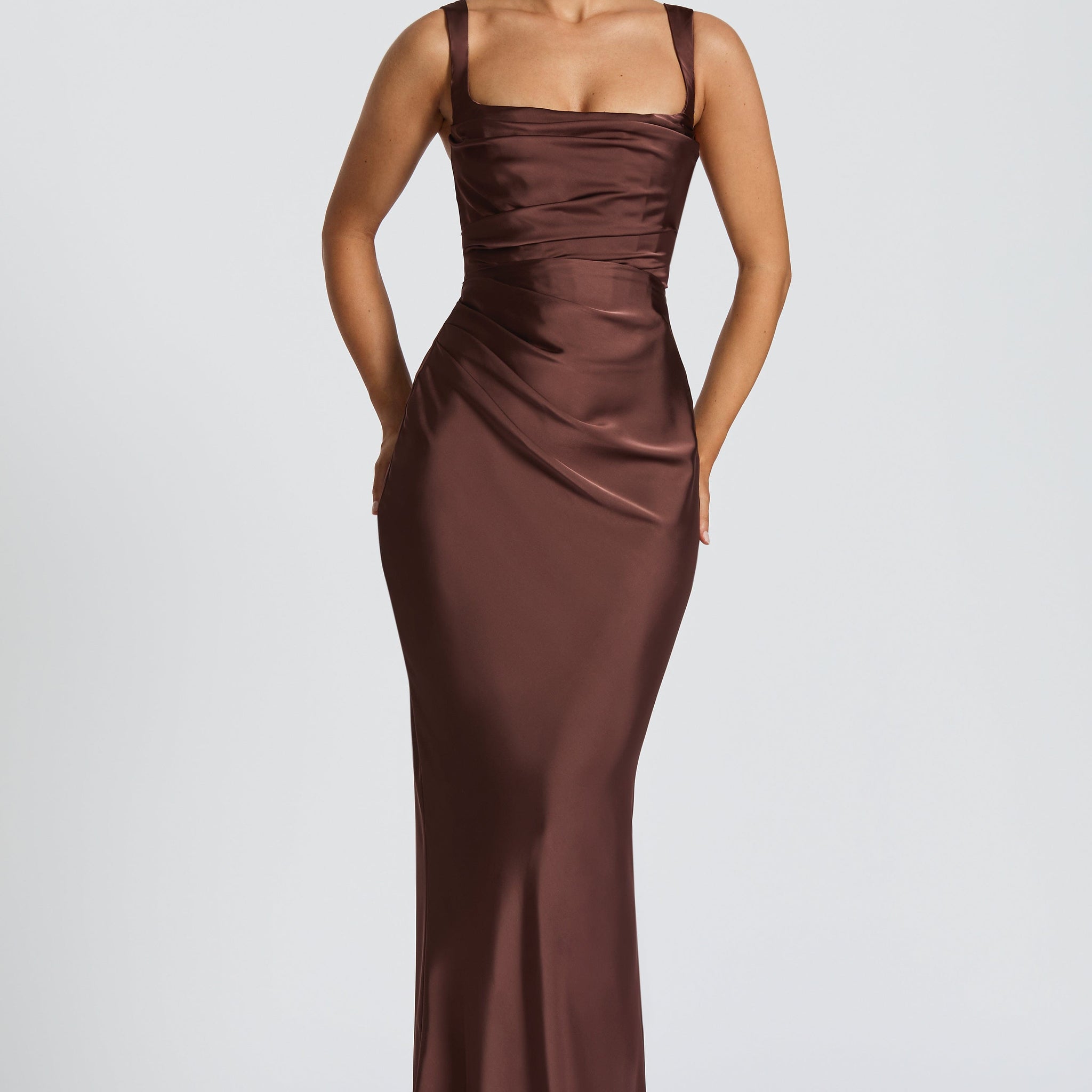 Brown Satin Maxi Dress with Straps for Women - Patrizia