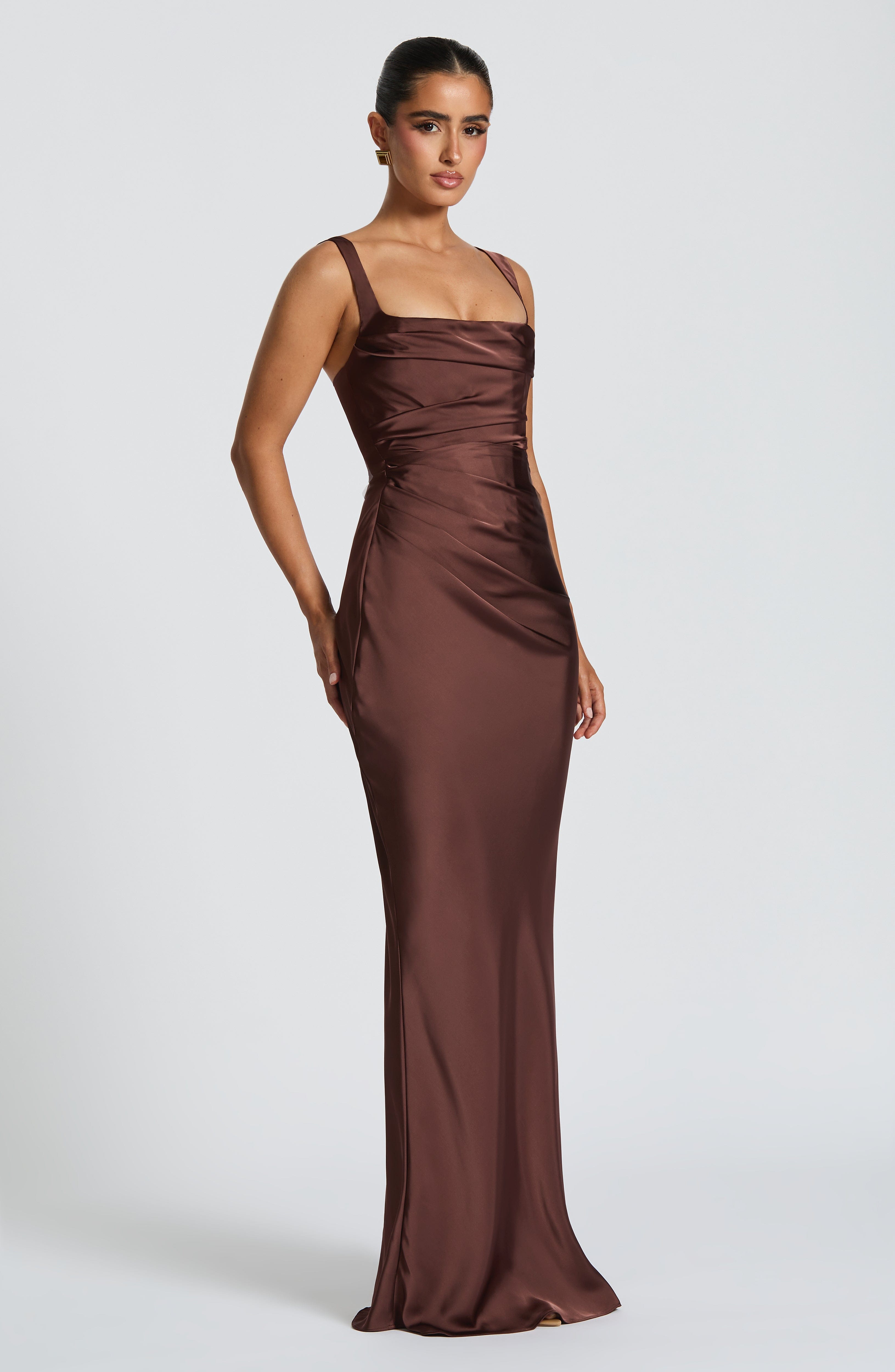Brown Satin Maxi Dress with Straps for Women - Patrizia