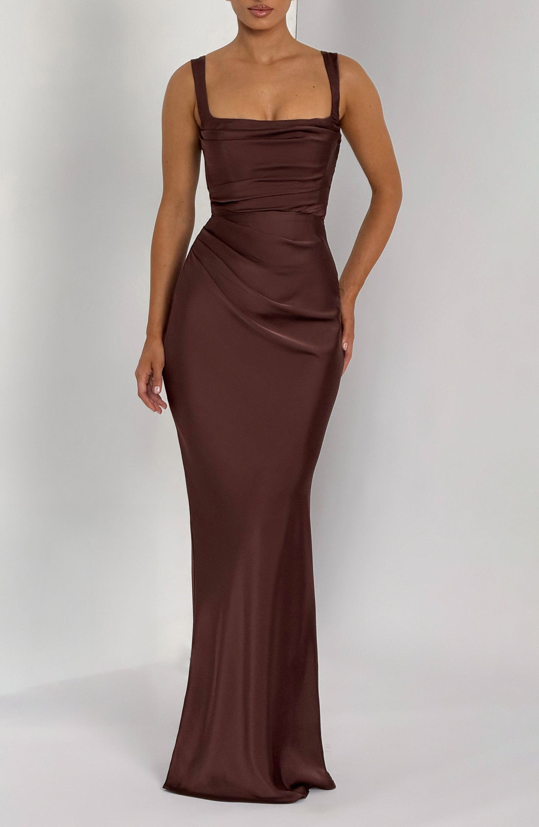 Brown Satin Maxi Dress with Straps for Women - Patrizia