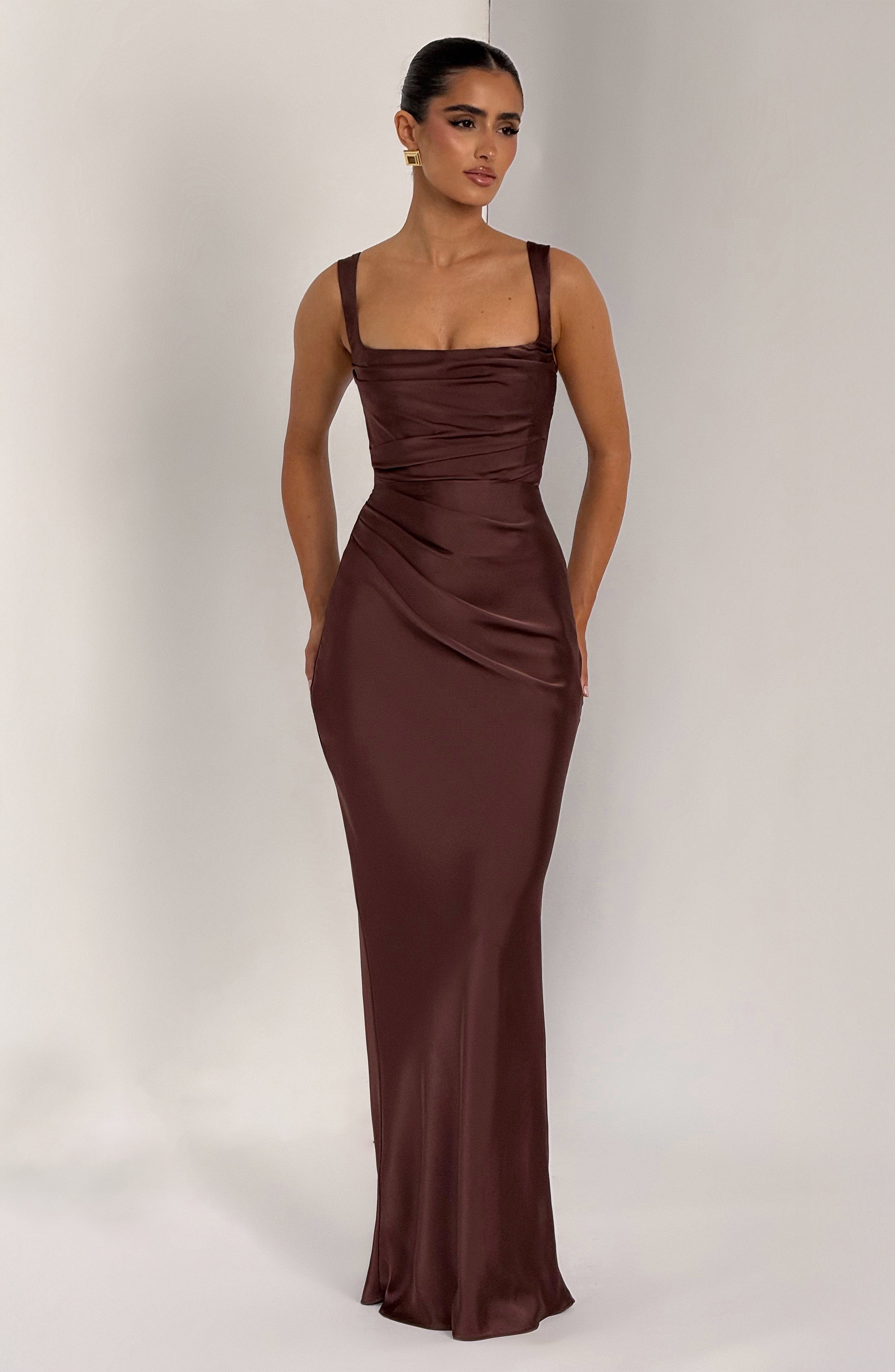 Brown Satin Maxi Dress with Straps for Women - Patrizia