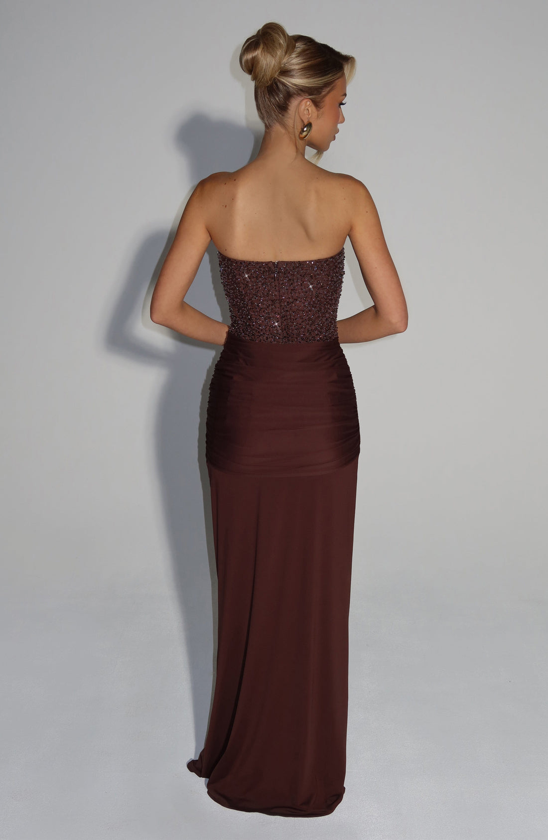 Brown Strapless Maxi Dress with Beaded Bodice for Women - Clara
