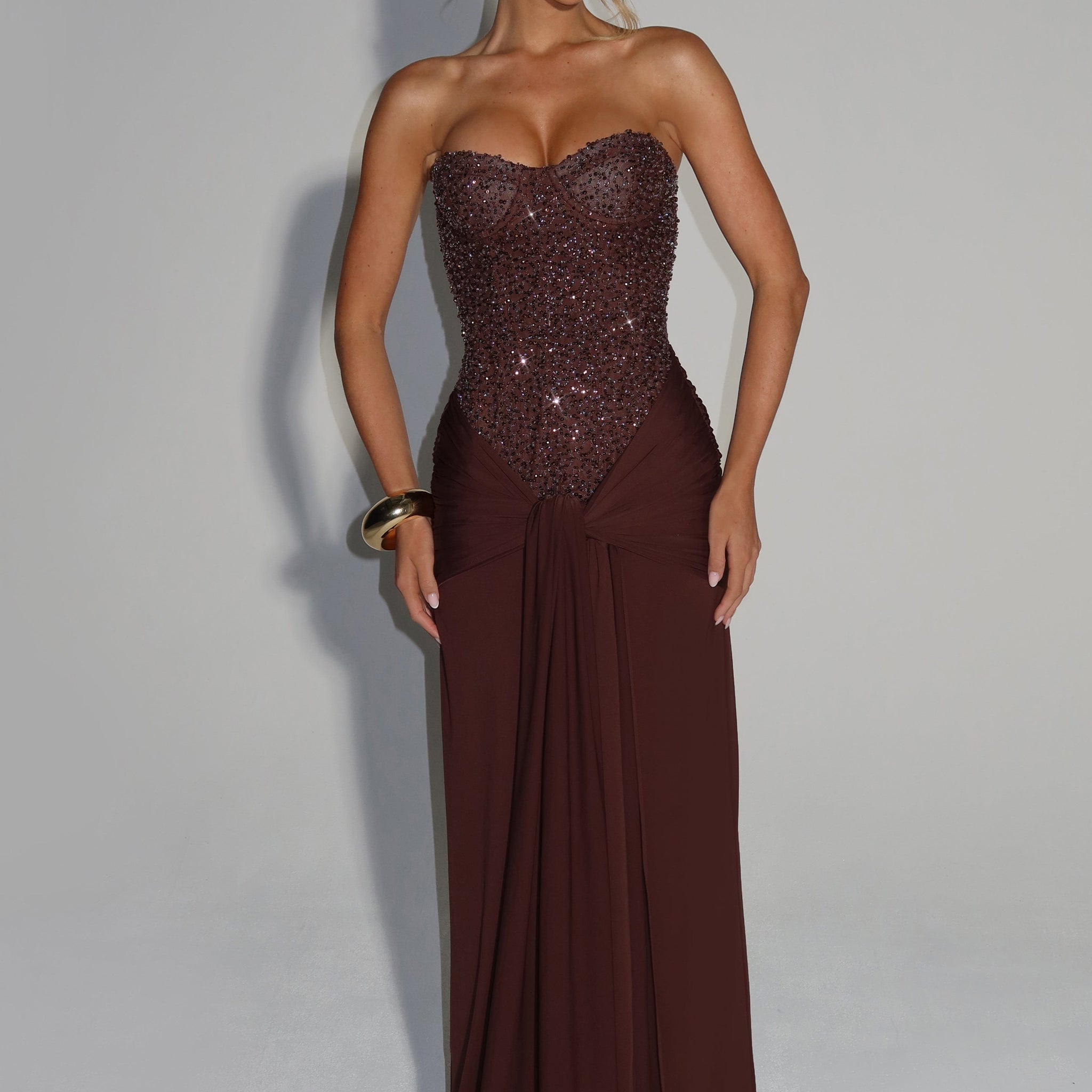 Brown Strapless Maxi Dress with Beaded Bodice for Women - Clara