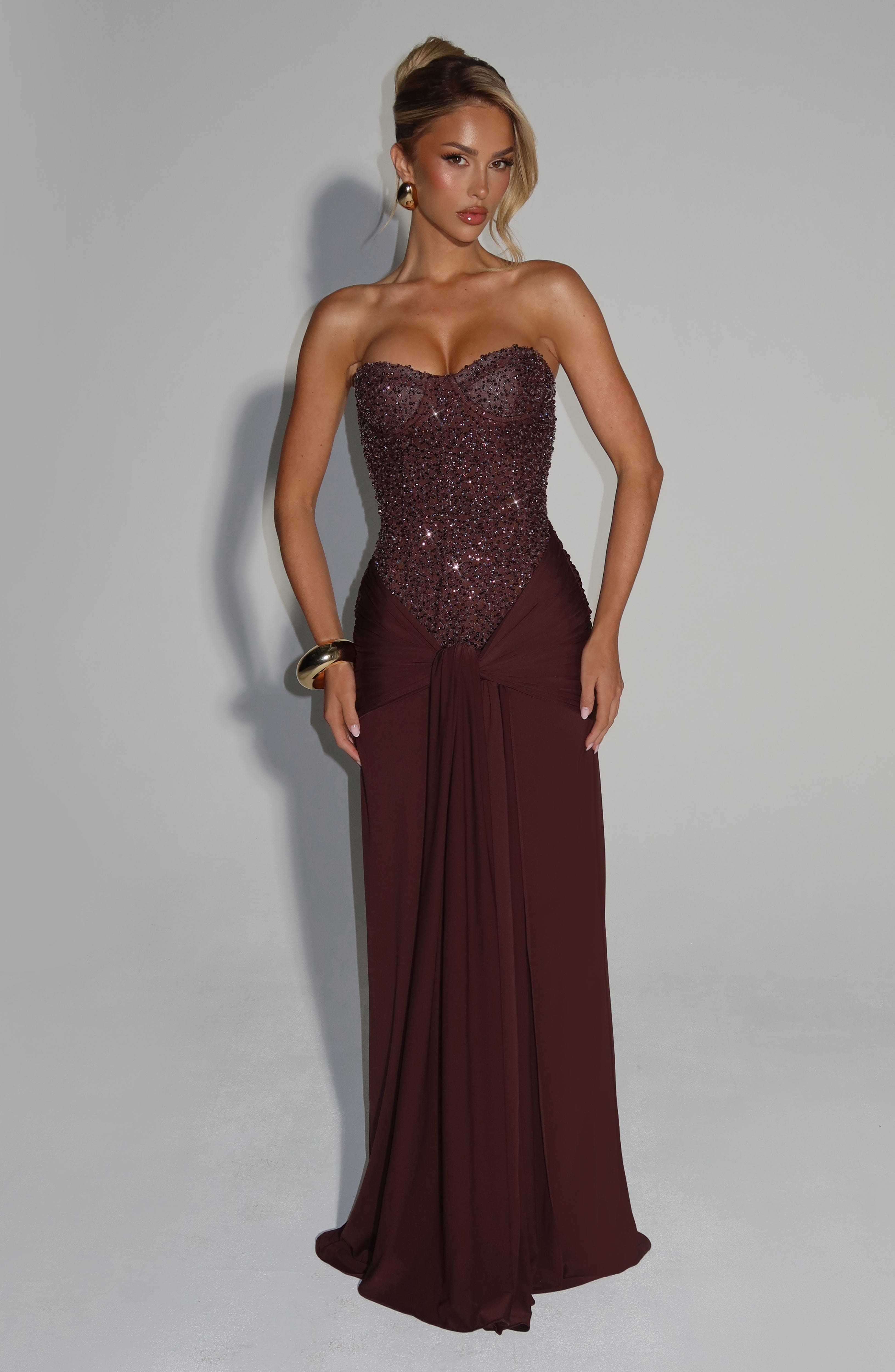 Brown Strapless Maxi Dress with Beaded Bodice for Women - Clara