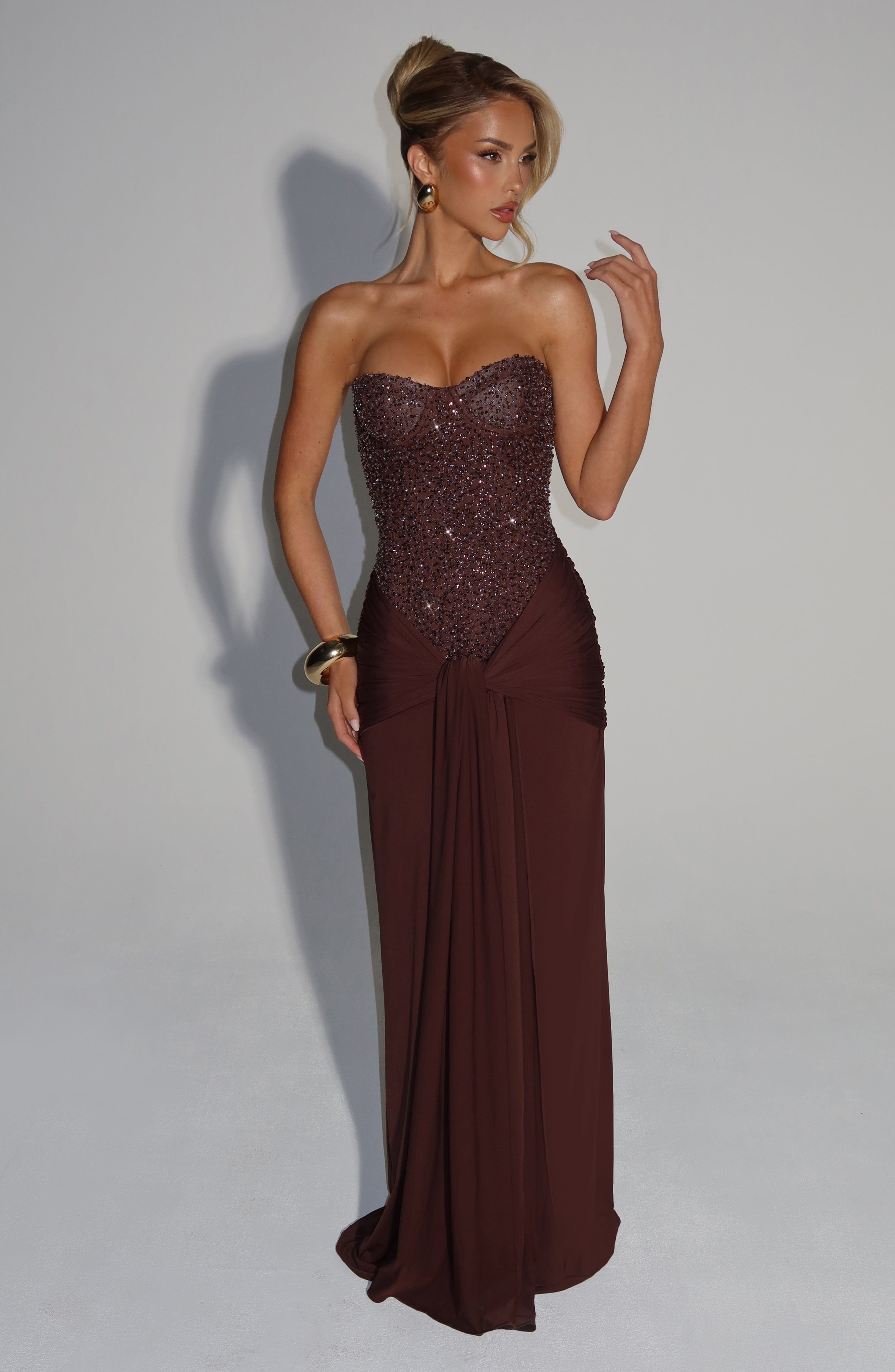 Brown Strapless Maxi Dress with Beaded Bodice for Women - Clara