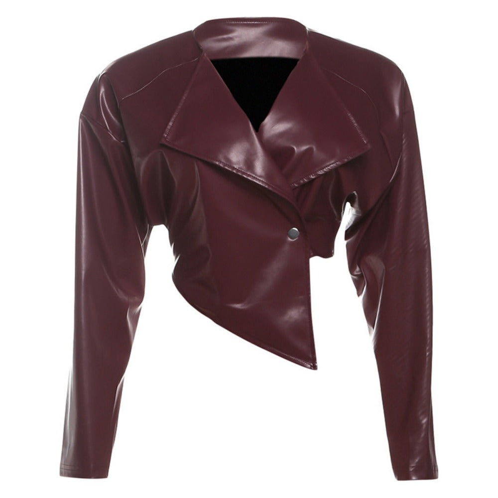 Burgundy Faux Leather Cropped Jacket for Women - Romina
