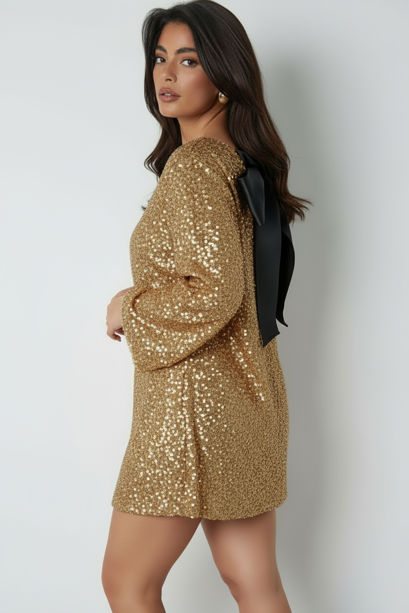 Women's Mini Long Sleeve Wedding Guest Dress with Bow Details