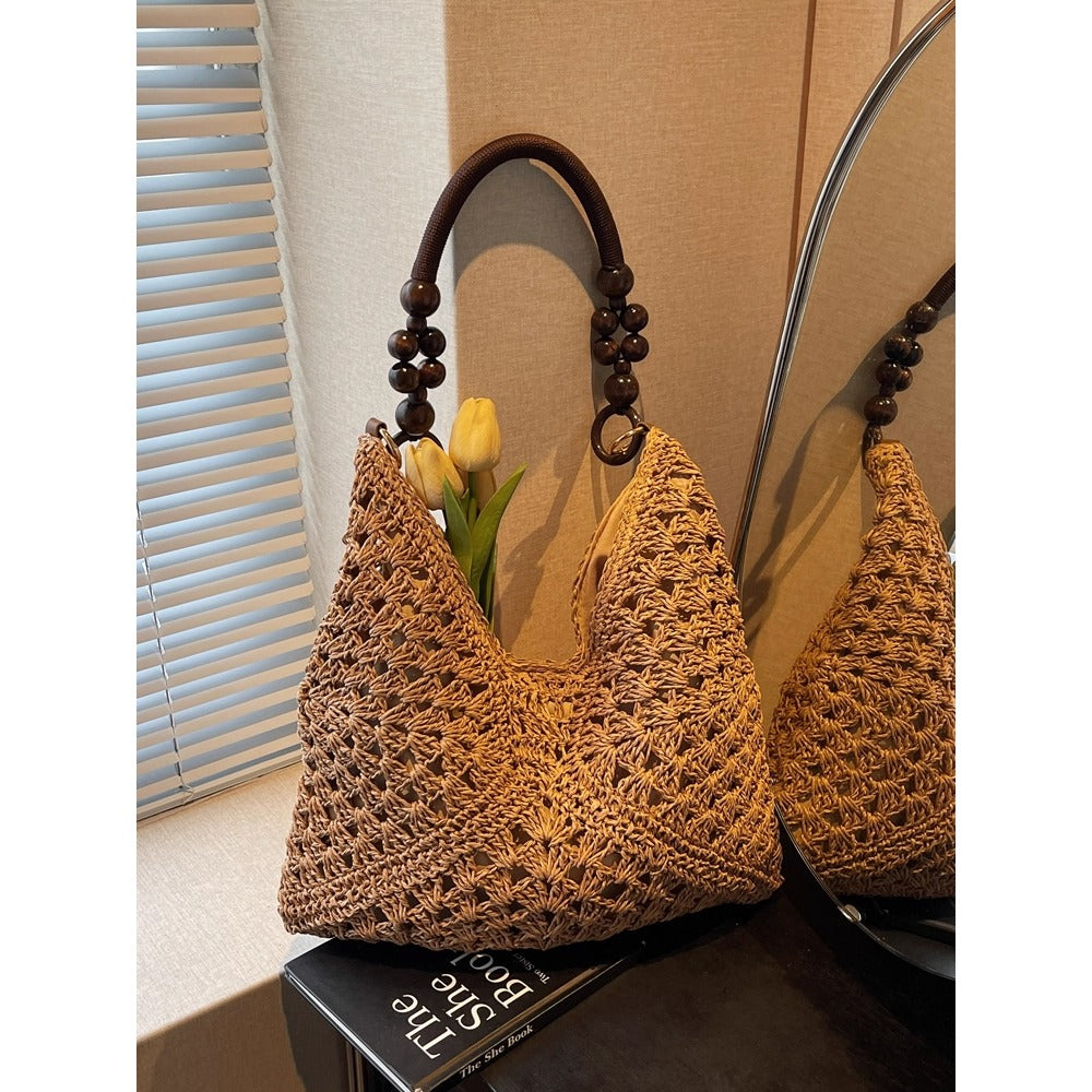 Woven Straw Shoulder Bag with Crochet Design for Women - Camilla