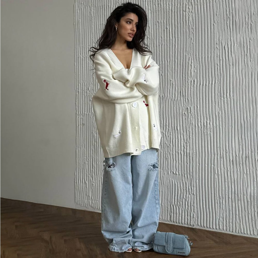 Oversized Knit Cardigan with Embroidery for Women - Angelica