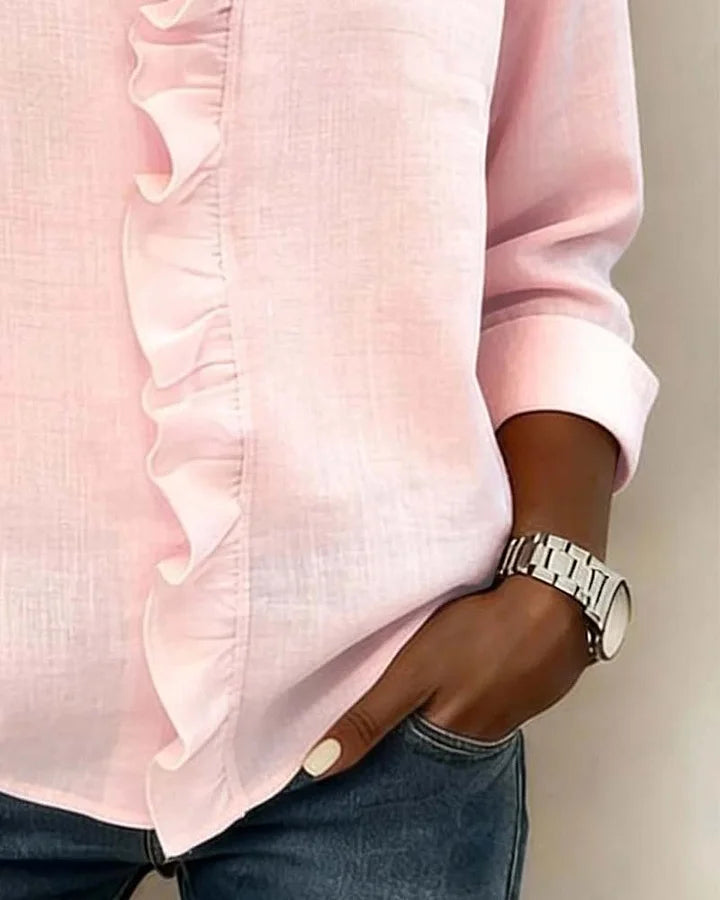 Women's Long Sleeve Ruffle V-Neck Blouse | Loose Fit