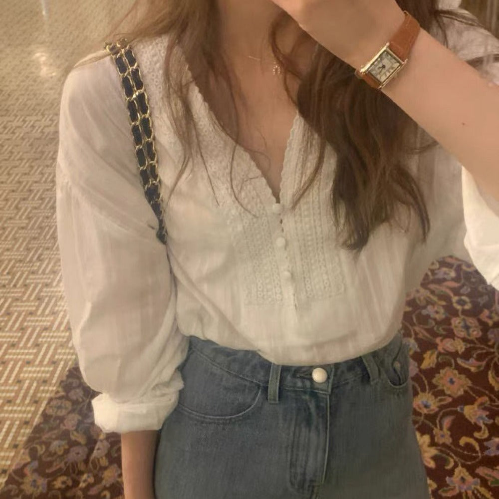 White Long Sleeve V Neck Blouse for Women - Marina
