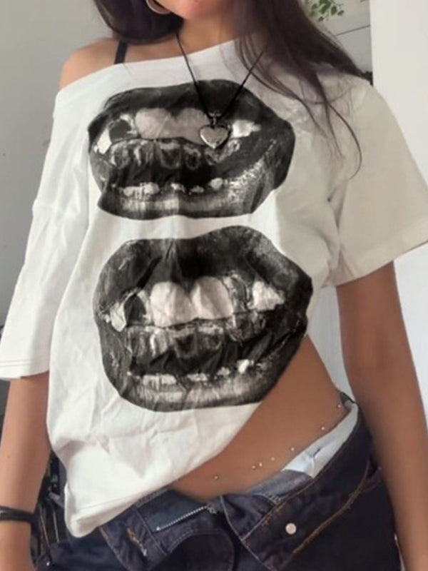 White Vintage Lips Print Oversized Short Sleeve Tee