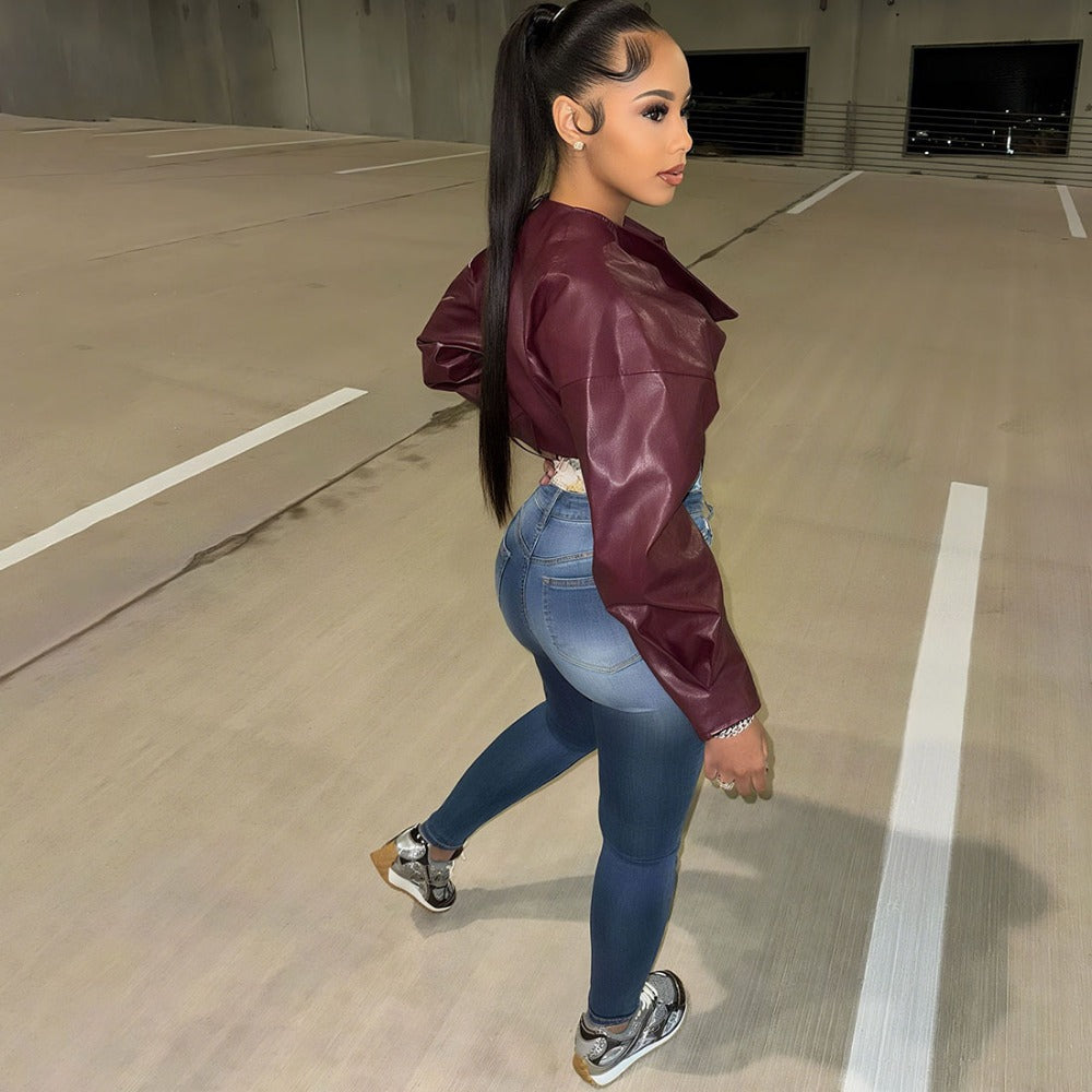 Burgundy Faux Leather Cropped Jacket for Women - Romina