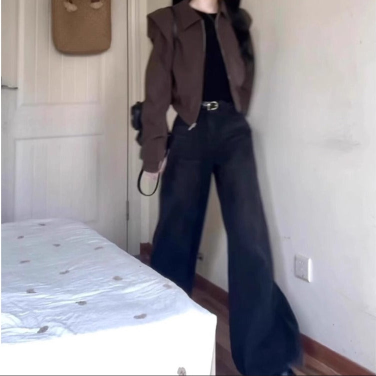 Brown Cropped Zip Up Jacket with Long Sleeves for Women - Ester