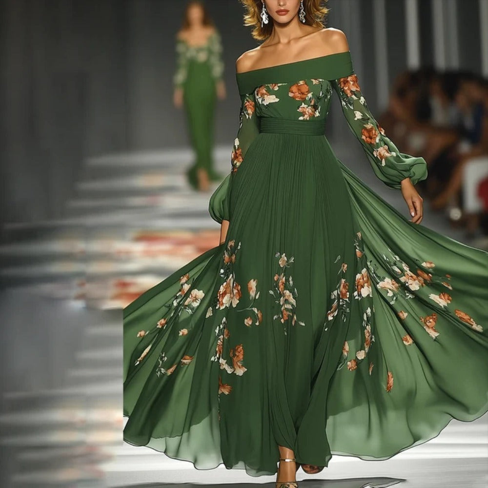 Green Floral Off Shoulder Maxi Dress with Long Sleeves for Women - Renata