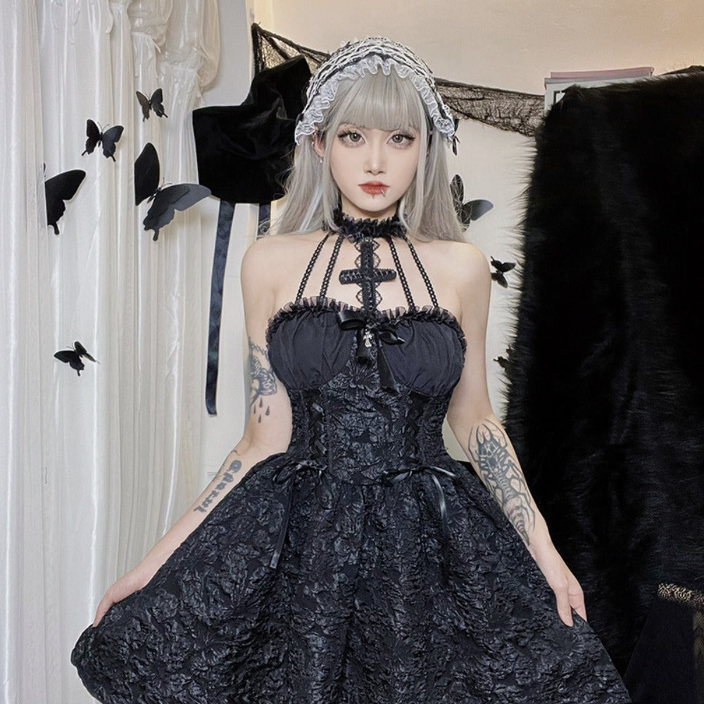 Black Lace Halter Mini Dress with Corset Detail for Women - Linda