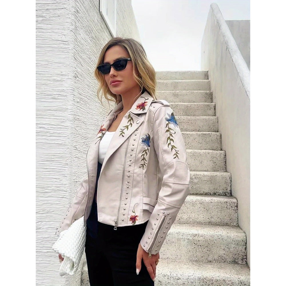 Beige Faux Leather Jacket with Floral Embroidery for Women - Lucrezia