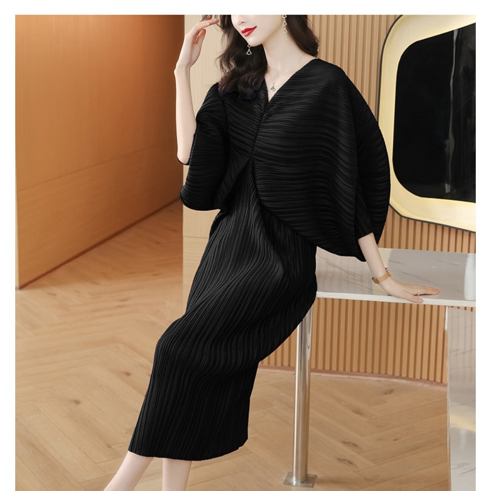 Midi Dress with Pleated Batwing Sleeves for Women - Lina