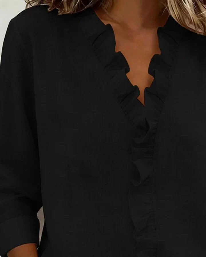 Women's Long Sleeve Ruffle V-Neck Blouse | Loose Fit
