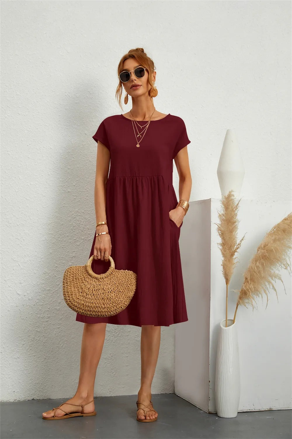 Casual Short Sleeve Midi Dress for Women | Featuring Pockets