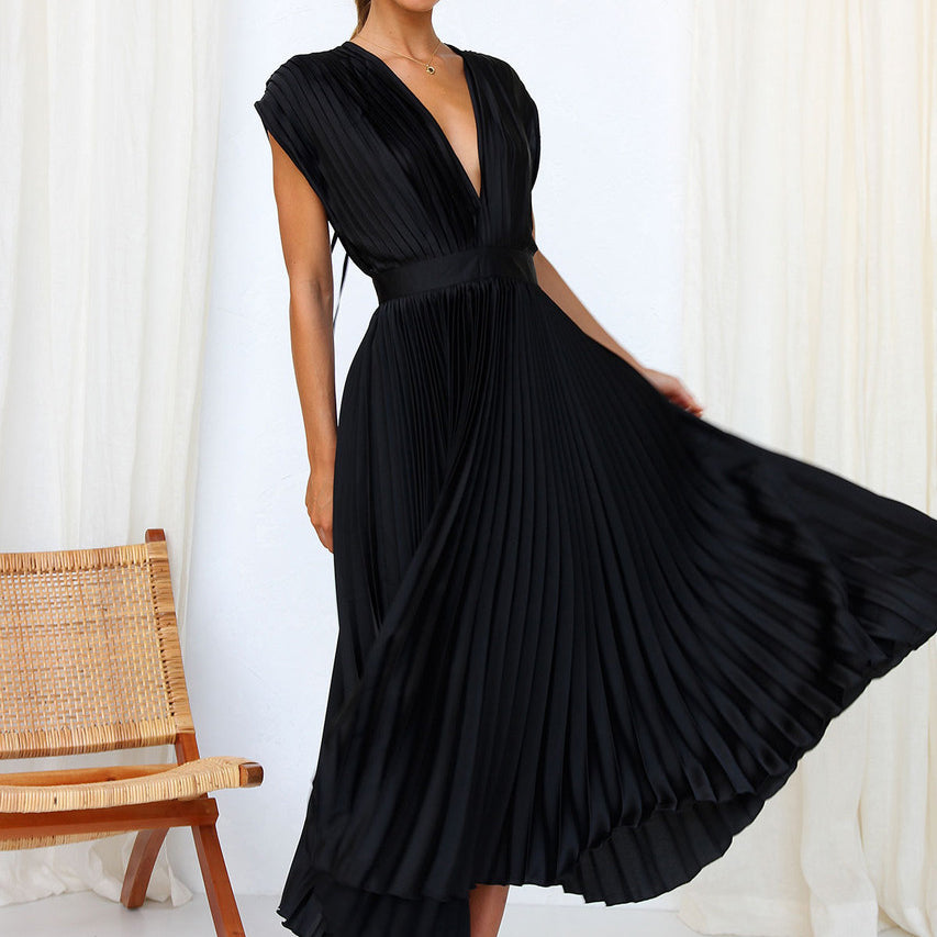 Women's V-Neck Pleated Maxi Evening Dress