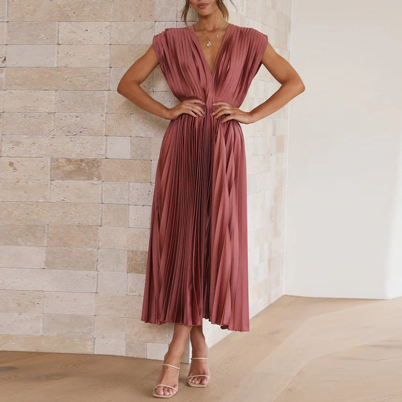 Women's V-Neck Pleated Maxi Evening Dress