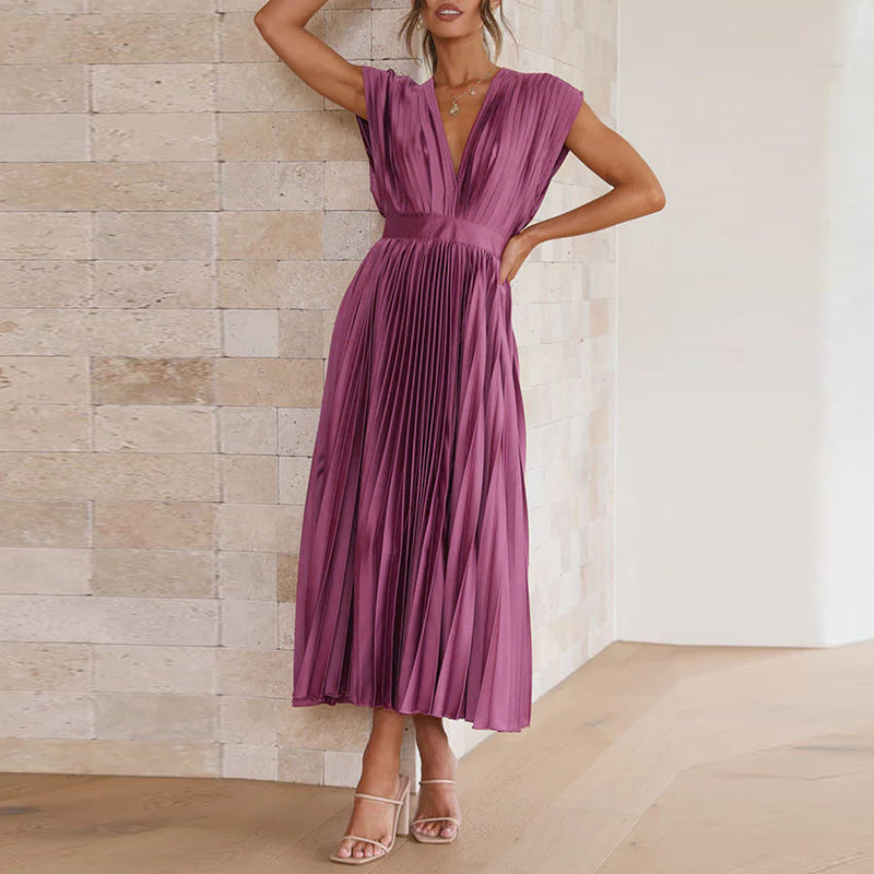 Women's V-Neck Pleated Maxi Evening Dress