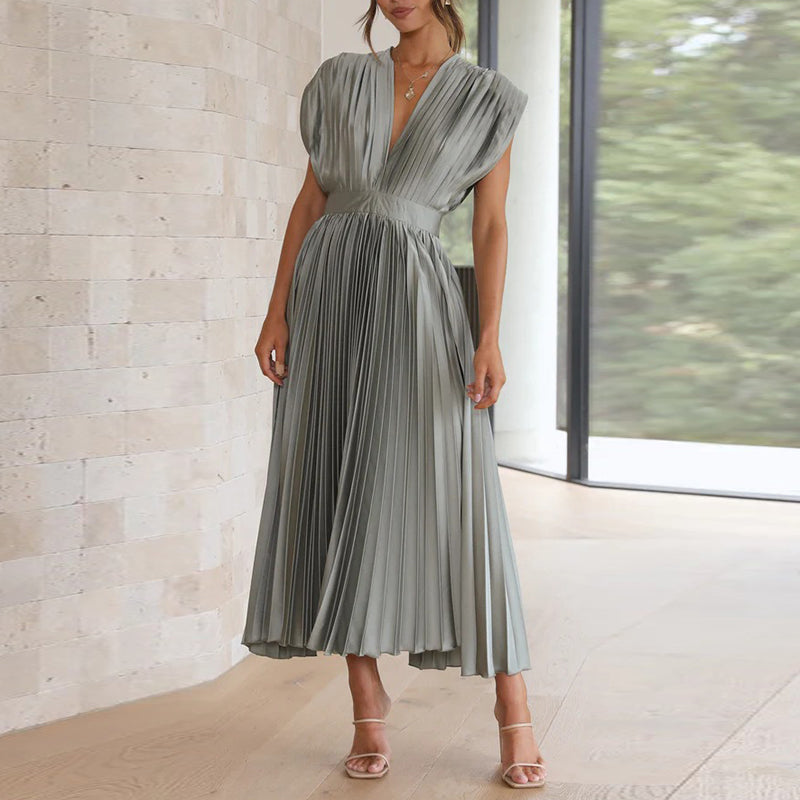 Women's V-Neck Pleated Maxi Evening Dress
