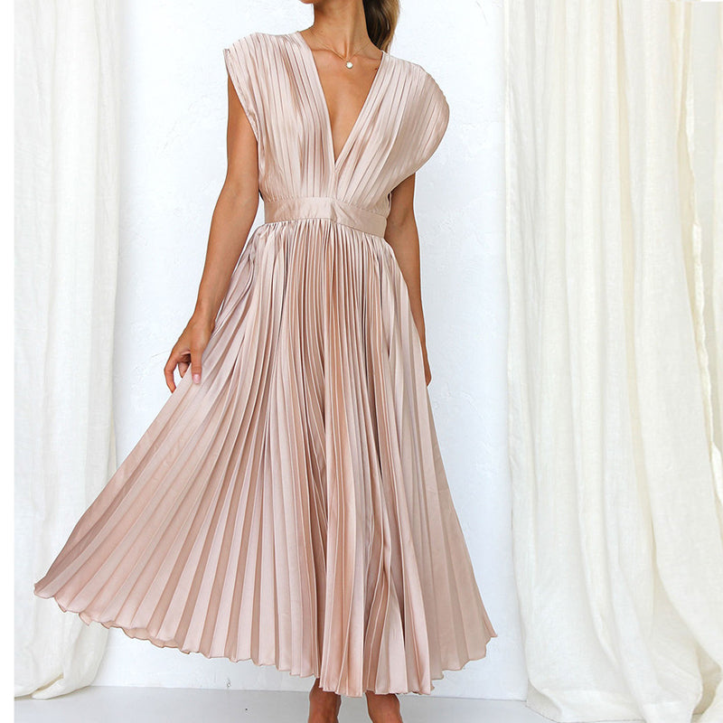 Women's V-Neck Pleated Maxi Evening Dress