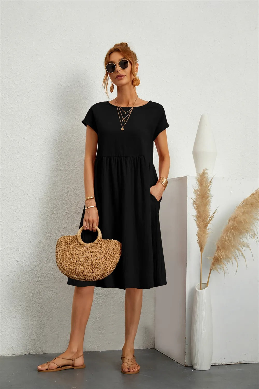Casual Short Sleeve Midi Dress for Women | Featuring Pockets