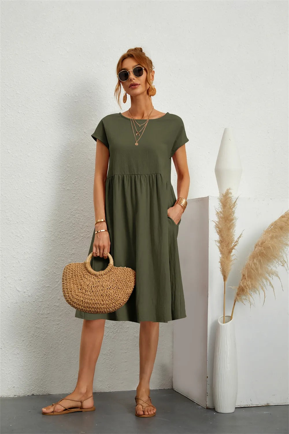 Casual Short Sleeve Midi Dress for Women | Featuring Pockets