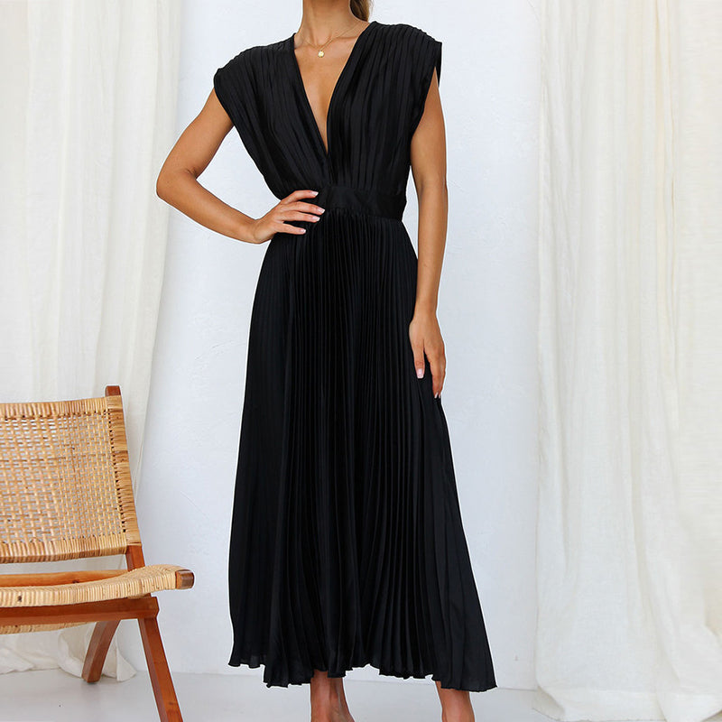 Women's V-Neck Pleated Maxi Evening Dress