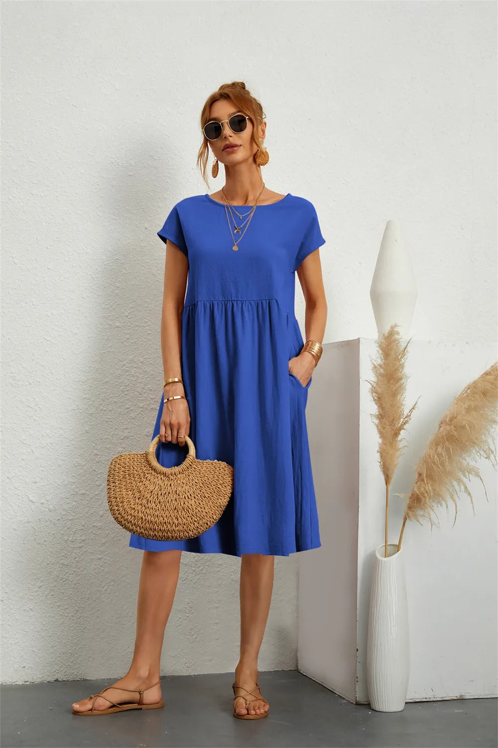 Casual Short Sleeve Midi Dress for Women | Featuring Pockets