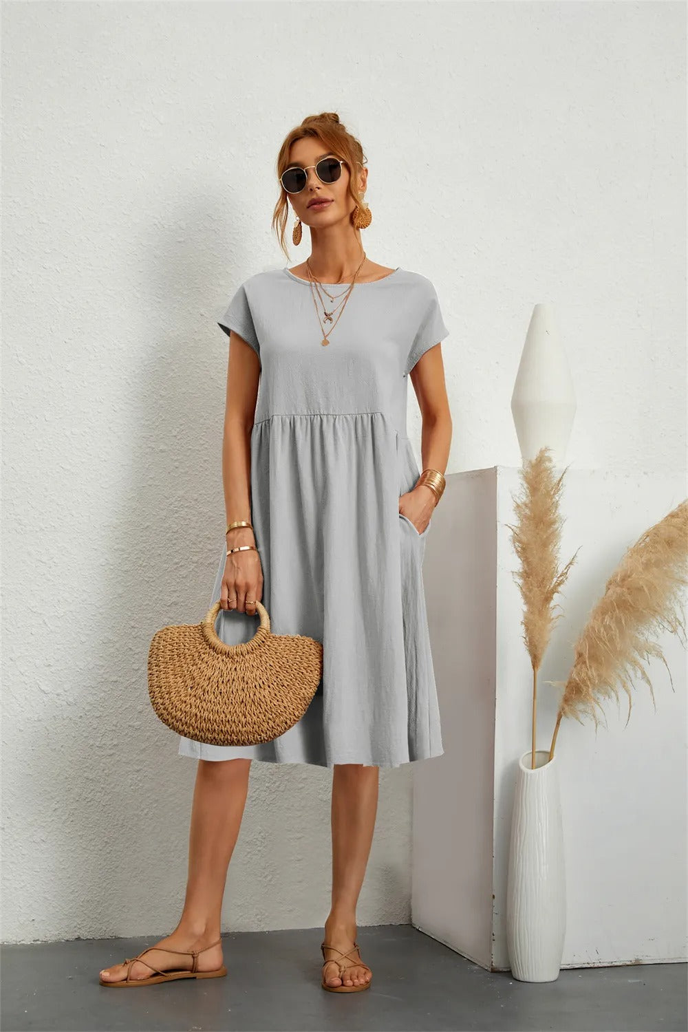 Casual Short Sleeve Midi Dress for Women | Featuring Pockets